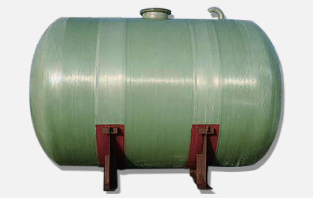 Horizontal green FRP water storage tank with saddle supports for industrial water systems